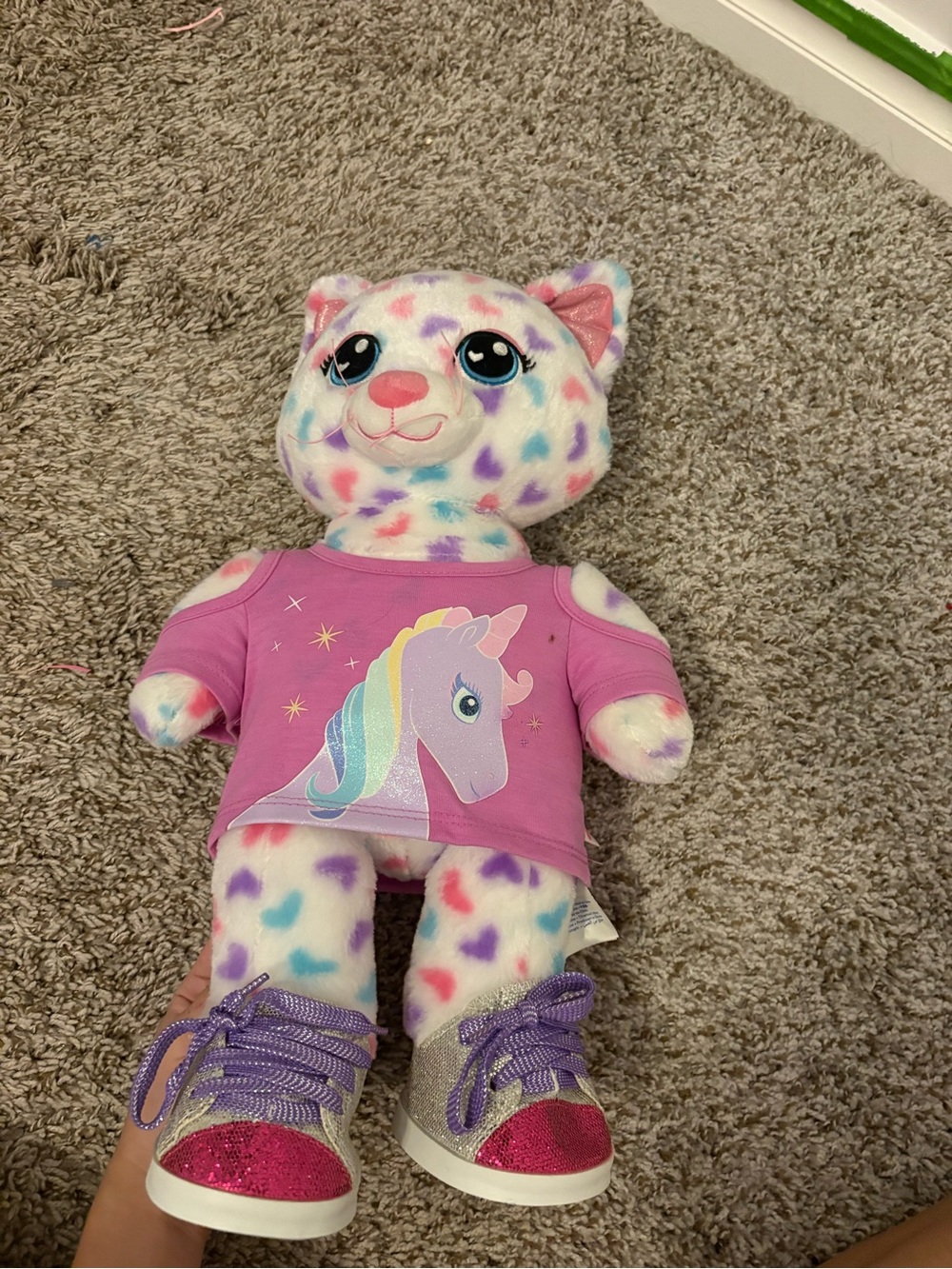 Build-A-Bear White Multicolor Heart Plush Cat with Pink Unicorn Tee